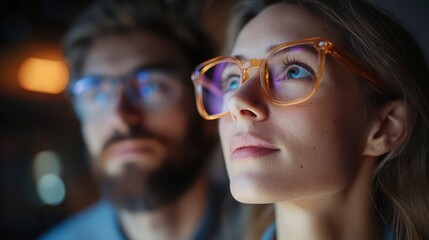 Thoughtful Woman and Man Wearing Glasses Watching Screen Night Scene