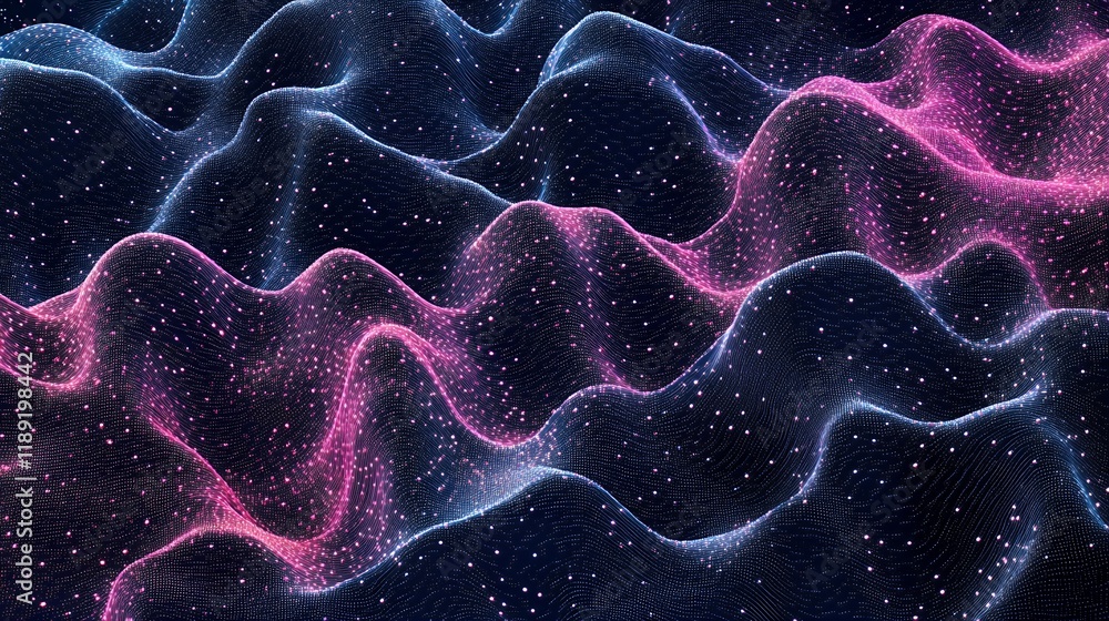 Poster abstract pink and blue digital waveform glittering particle flow technology background