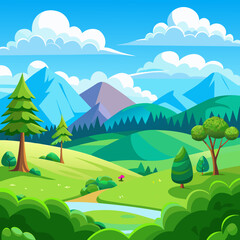 A cartoon landscape with green rolling hills, trees, a blue sky with white clouds, and distant mountains 