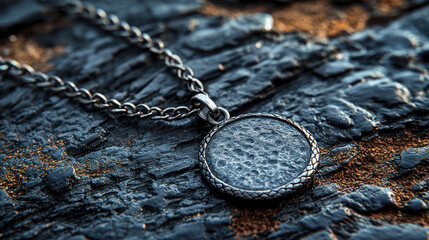 vintage silver pendant necklace with textured stone on dark surface