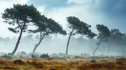 Obraz premium A dramatic scene of trees battling a windstorm.