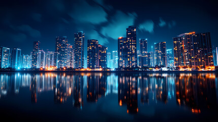 Fototapeta premium Vibrant urban skyline at night, illuminated buildings reflecting in the water. Nightstone. Illustration