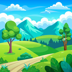Fototapeta premium A cartoon landscape with green rolling hills, trees, a blue sky with white clouds, and distant mountains with white background