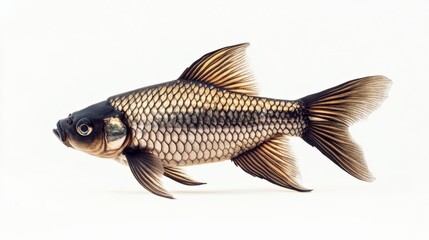 Fototapeta premium a single fish with detailed scales swims across a white background