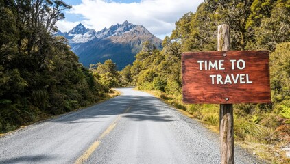 A rustic wooden sign invites travelers to explore the breathtaking landscape along a gravel road. Snow-capped peaks and lush greenery surround the path, reflecting tranquility.