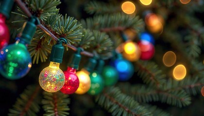 Multicolored Christmas Tree Lights on Pine Branches