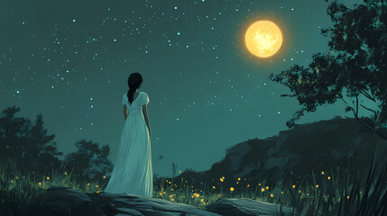 Naklejka premium Woman in white dress gazing at glowing moon in starry night sky fantasy landscape. Nightstone. Illustration