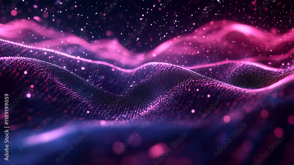 Poster abstract purple pink particle wave background glowing digital data flow futuristic technology design