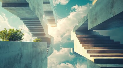 A dreamlike building with floating staircases and impossible angles.