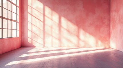 Obraz premium Pink Room with Sunlight: A minimalist aesthetic with a soft, warm glow illuminates the empty room. Sunlight streams through a large industrial window, casting long.