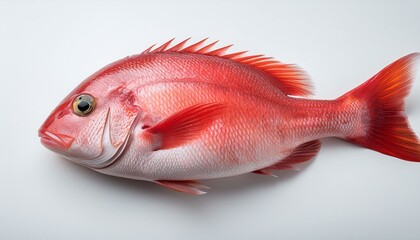Obraz premium A fresh red fish, possibly a snapper, displayed on a plain white background. 