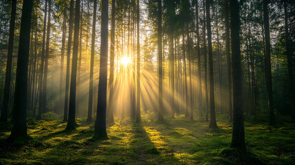 Fototapeta premium Quiet spring forest with beautiful sunlight streaming through the trees