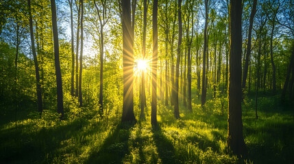 Naklejka premium Quiet spring forest with beautiful sunlight streaming through the trees