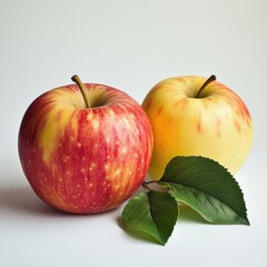 two apples with green leaves on a white background