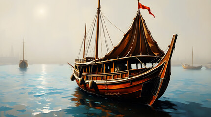 Classic oil painting of an old wooden Dhow cruise ship in Dubai Marina, rich textures, visible brushstrokes, ethereal spiritual vibe, light aura, mystical feeling