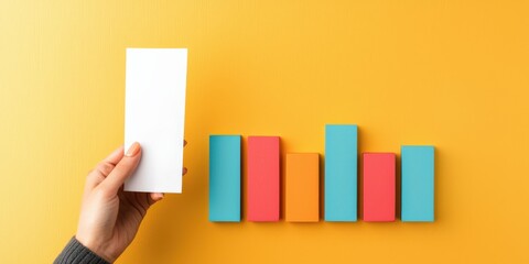 spending retail balance concept. A hand holds a blank card above colorful blocks on a vibrant yellow background.