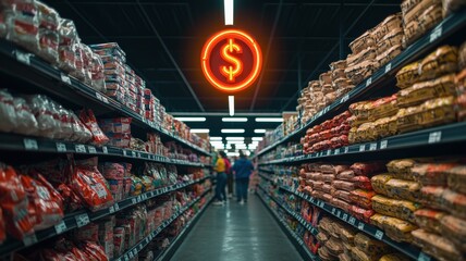 spending retail balance concept. A grocery aisle featuring stacked products and a bright dollar sign overhead, indicating sales or discounts.
