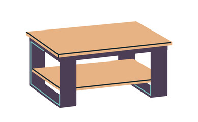 Wooden table with a modern design featuring a lower shelf, illustrated in a minimalist graphic style on a white background. Furniture concept. Vector illustration