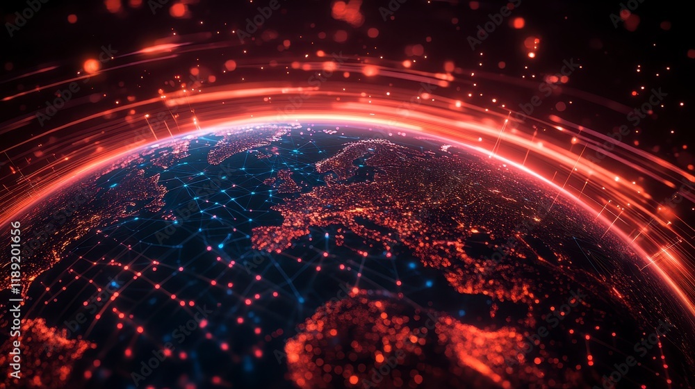 Aufkleber global network connections illuminated earth with digital data streams and interconnected lines