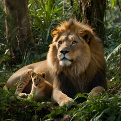Fototapeta premium A Lion with kid in jungle wildlife moments