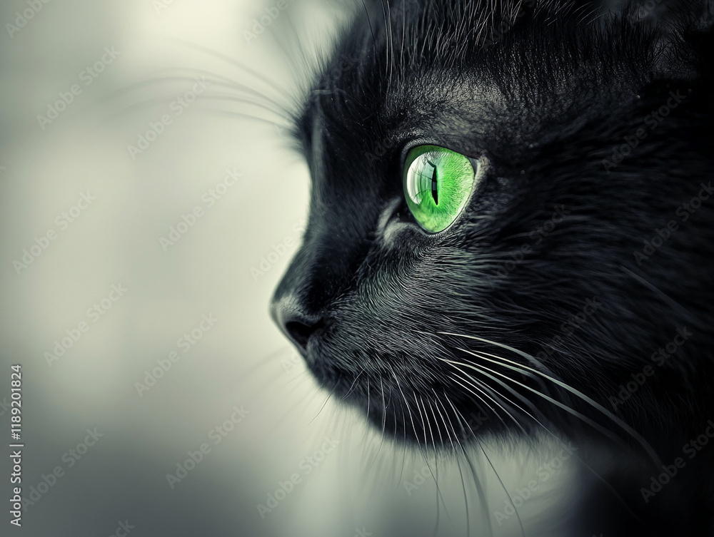Poster close-up profile of a black cat with vivid green eyes and soft light
