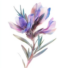 Fototapeta premium a purple flower with green leaves on a white background