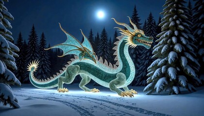 Fototapeta premium Luminescent Dragon Gliding Through Night Forest