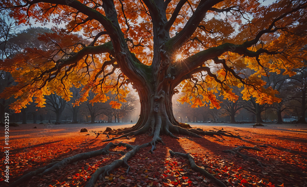 Poster large tree with many branches and leaves. the leaves are orange and yellow. the tree is in a park