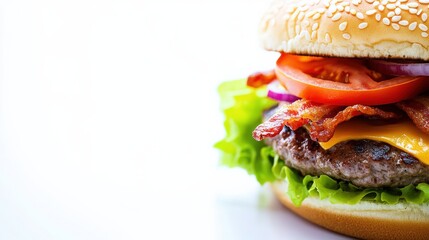 close up of a hamburger on a white background