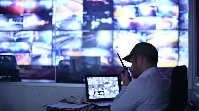 Security guards are monitoring multiple CCTV cameras and answering walkie-talkies.