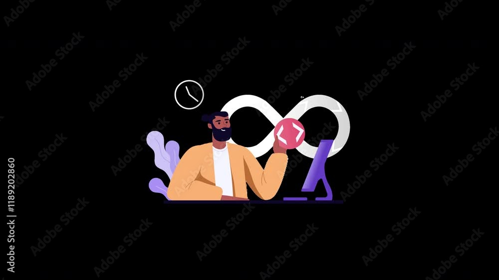 Poster a man with a beard holding a red object in an animated workspace with abstract shapes.