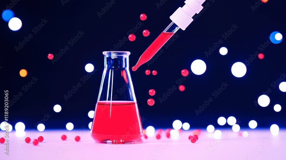 Poster red liquid dropping into erlenmeyer flask science experiment laboratory research chemistry bokeh
