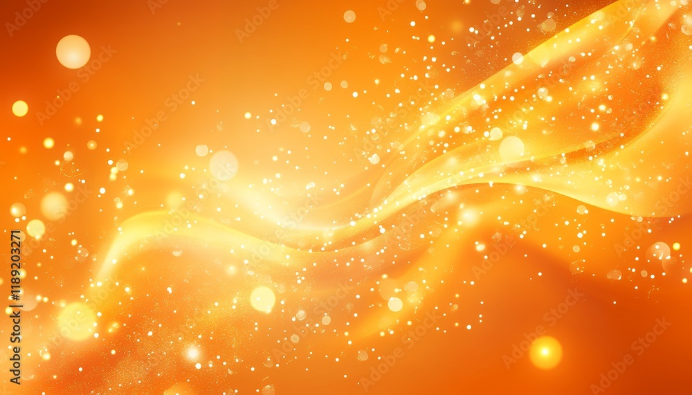 Poster abstract orange background with golden waves sparkling lights and bokeh effects