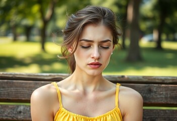 A young woman in a yellow sundress sitting on a worn wooden bench in a park