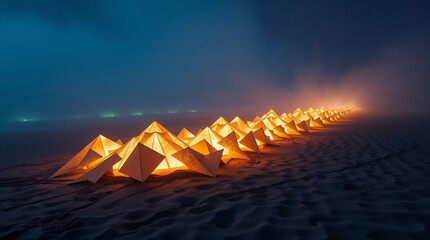 Glowing art installation on empty distant beach. Warm yellow lights illuminating origami shaped art object at night