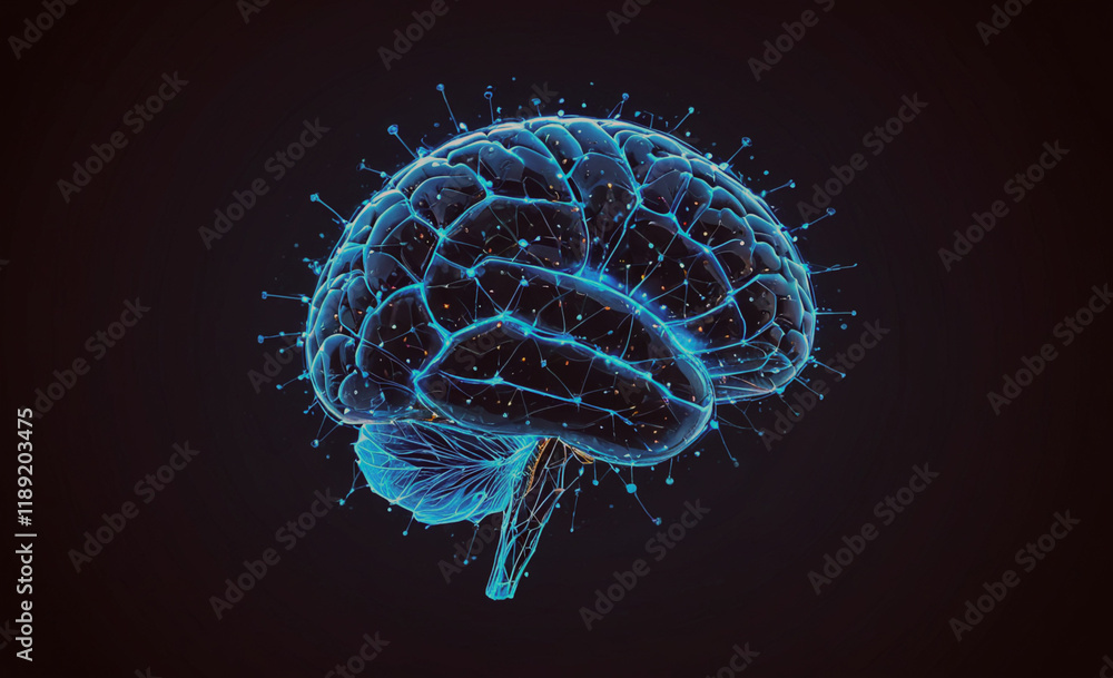 Poster brain with blue lines and dots. the brain is shown in a black background