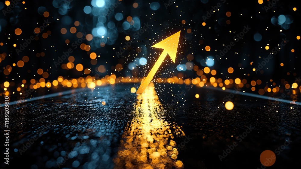 Aufkleber a glowing arrow points upward against a wet surface, illuminated by vibrant lights, creating a dynam