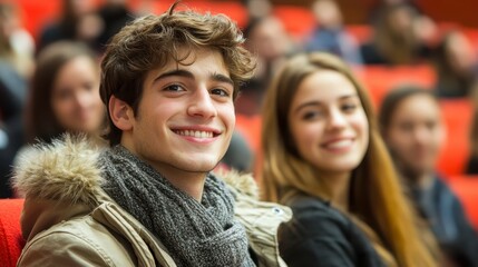 Happy Young Man Smiling in Auditorium with Blurred Female Students in Background