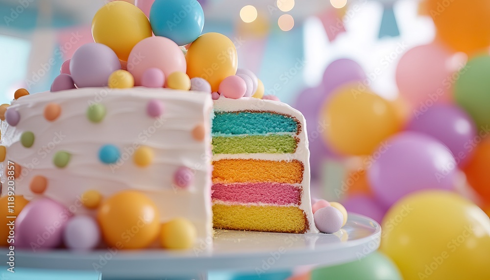 Wall mural A vibrant, multi-layered cake with colorful frosting and decorative candies, set against a festive backdrop of balloons, perfect for celebrations.