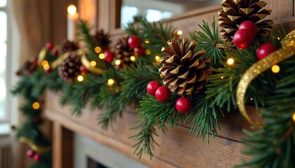 Rustic Wooden Mantle with Gold and Green Garland