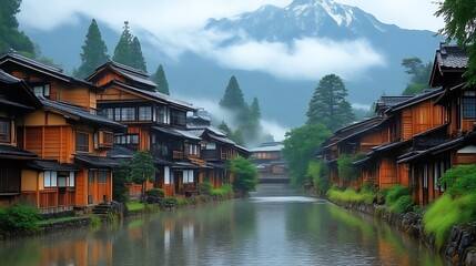 Misty Mountain Village Canal Houses Japan