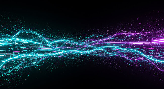 Abstract Digital Flow Neon Waves of Data and Binary Code Stream