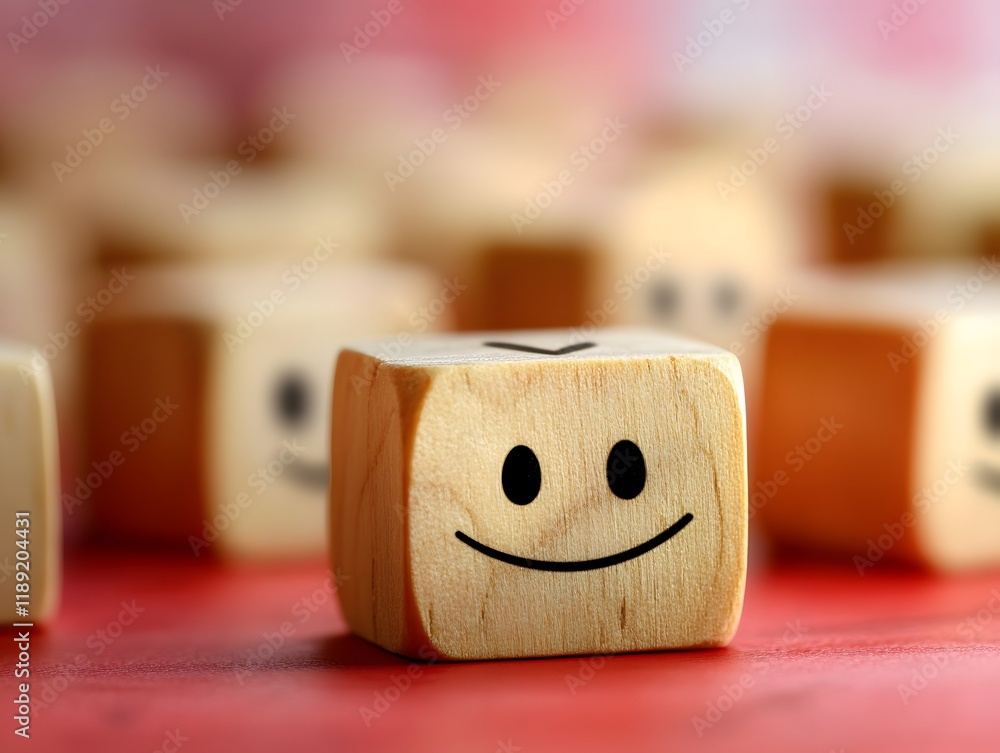 Poster smiling wooden blocks creating a cheerful atmosphere on a vibrant background, perfect for expressing