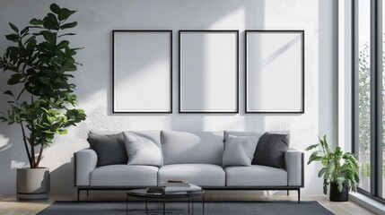A gallery wall mockup featuring clean, blank frames of different sizes.
