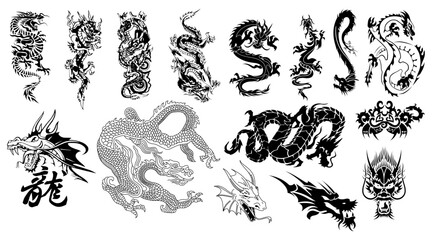 Oriental Dragons Silhouette Vector Pack graphic drawing illustration for stickers, streetwear, t-shirts, logos, print-on-demand, print, or branding