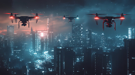 Futuristic drones flying over a cityscape at night. Nightstone. Illustration