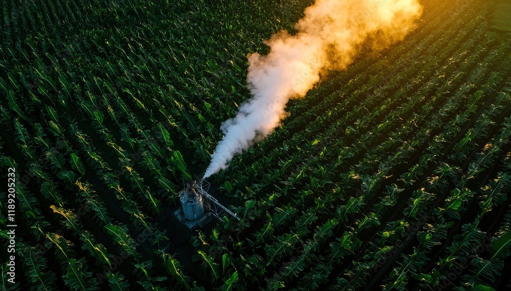 Poster aerial view of a field with a machine emitting smoke, surrounded by rows of crops, illuminated by wa