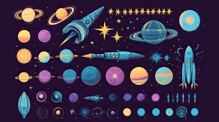 Colorful cartoon space elements planets, rockets, stars, and nebulae. Ideal for educational resources, game design, or children's illustrations.