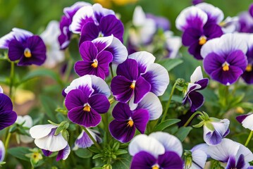 Vibrant Purple and White Pansies Blooming in Garden