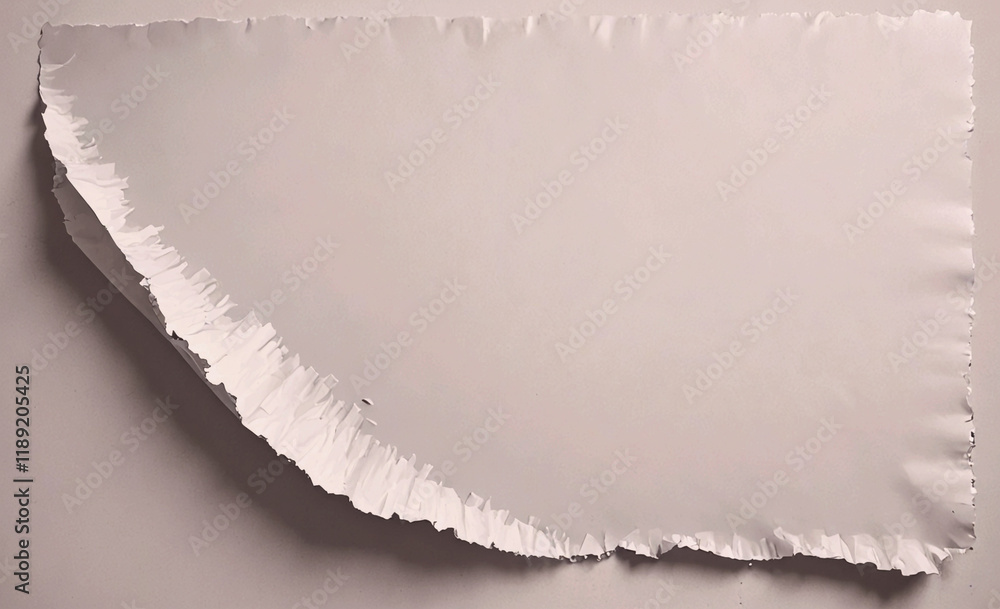 Poster Sheet of paper with a tear in the middle. The tear is long and jagged, extending from the top to the bottom of the paper. The paper is white and he is thin and fragile